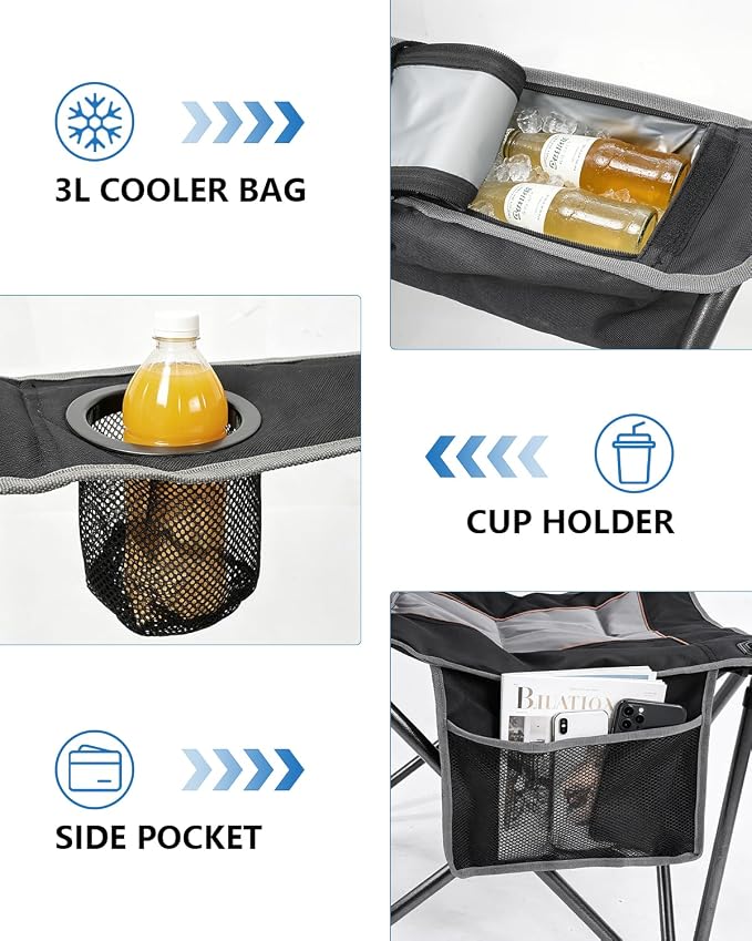 HOPERAN Camping Chair with Canopy, Heavy Duty Beach Chair with Umbrella Cooler Bag Cup Holder Side Pocket Supports 500lbs, Outdoor Folding Chair with Shade for Beach, Lawn, Fishing, Sports