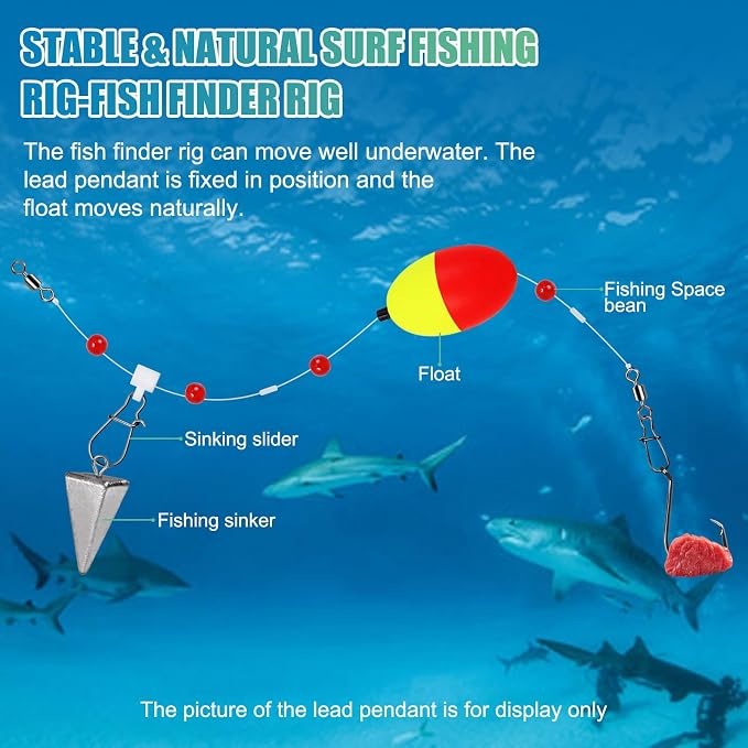 Fish Finder Rigs - 6 Pack (Size 6/0 or 8/0) with 33LB Fluorocarbon Leader - Pre-Assembled Surf Fishing Rigs with High-Carbon Steel Hooks & Oversized Float for Saltwater Ocean Fishing