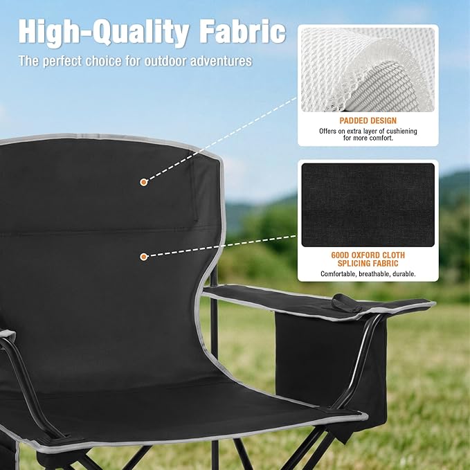 Romswi 2 Pack Lightweight Camping Chairs for Adults, Folding Outdoor Chair with 4-Can Cooler Bag, Collapsible Chair with Cup Holder for Camping, Beach, Lawn, Fishing, Black