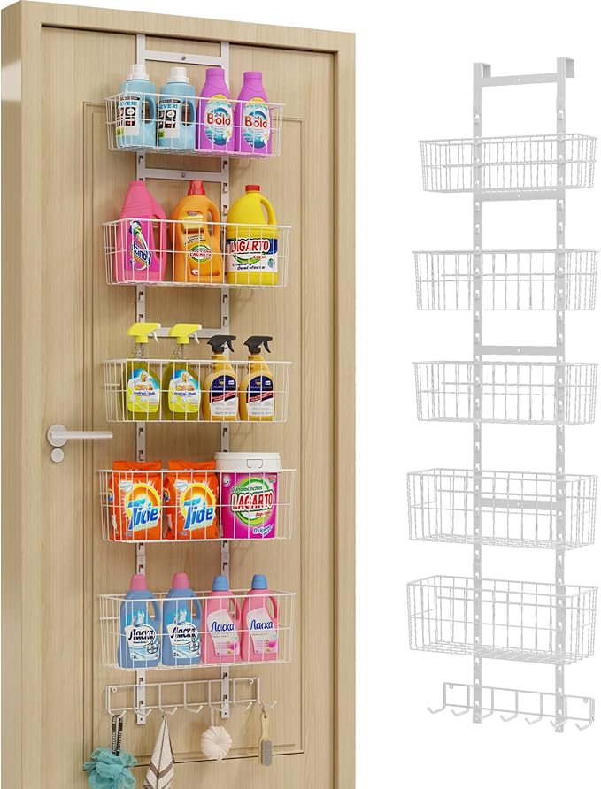 Adjustable Over The Door Organizer, Metal Hanging Door Organizer with 5 Wire Basket 7 Hooks, Wall Mounted Shelf for Pantry Closet Organization and Storage, White