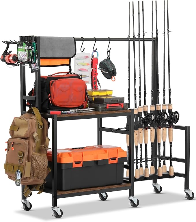 EXTCCT Fishing Rod Holders for Garage, Fishing Pole Rack Holds Up to 16 Rods with Hooks, Heavy Duty Fishing Gear Organizer, Fishing Equipment Storage for Man's Gift (Brown)