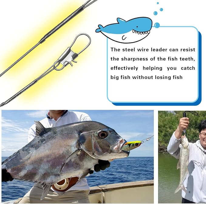 Benykyo Fishing Leader 40 lb High Strength Fishing Leaders with Swivels and Snaps，Steel Fishing Leaders Freshwater & Saltwater，Silver 60Pcs