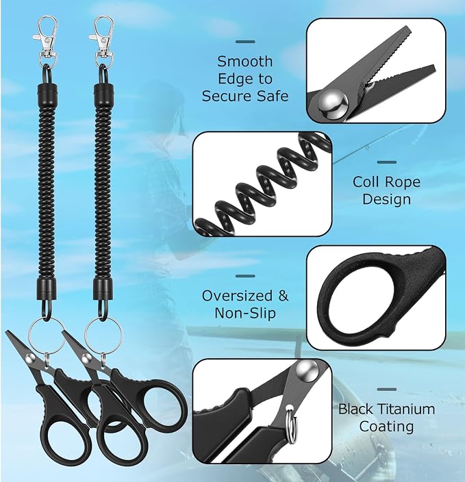 6 Set Fishing Scissors Stainless Steel Fishing Line Cutter Braided Line Cutter Cutters with Titanium Coating Fish with Hook and Retractable Coil Lanyards Fish Accessories (Black)