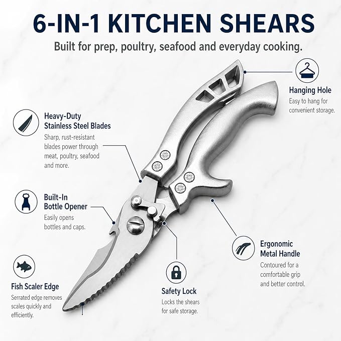 Poultry Shears - Heavy-Duty Kitchen Scissors with Fish Scaler & Bottle Opener, 2CR14 Stainless Steel, Spring Loaded, Multi-Purpose Scissors for Meat, Chicken, and Fish, Dishwasher Safe.