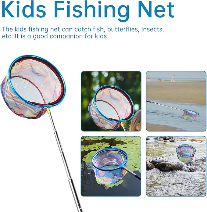2PCS Fishing Net with Bucket, Telescopic Fishing Landing Net, Collapsible Youth Sand Bucket, Youth Fish Butterfly Catching for Freshwater Saltwater Outdoor Activities