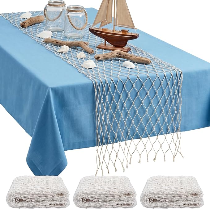 SATINIOR 3 Pcs Fish Net Party Decorations Fishing Net Table Runner 12x72'' Decorative Nautical Cotton Fishnet for Pirate Mermaid Hawaiian Ocean Beach Under the Sea Themed Party Decor (Natural)