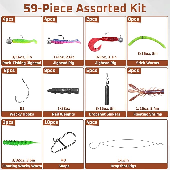 59Pcs Bass Fishing Tackle Box Kit, 5 Rig System Pre-Rigged Rock-Fishing, Jigheads, Neko, Wacky, Dropshot Rigs, Fishing Gifts for Men, Assorted Kit