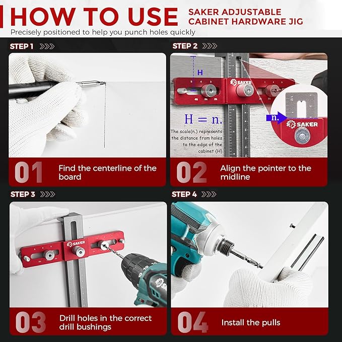 Saker Cabinet Hardware Doweling Jig - Cabinet Handle Template Tool for Knobs and Pull - Adjustable Self Centering Punch Locator Precise Woodworking Drill Guide (5" Jig Saw)