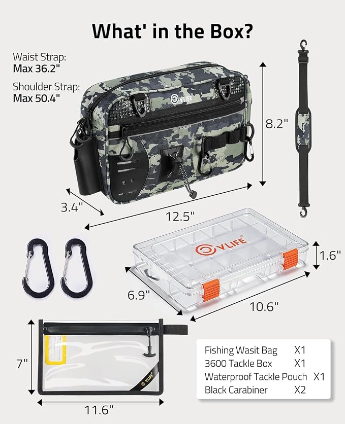 CVLIFE Fishing Tackle Bag Waist Pack with Rod Holder, Water Resistant Fanny Pack Includes 3600 Tackle Box, Waterproof Pouch & Carabiners, Convertible Sling Bag with Net Holster for Gear