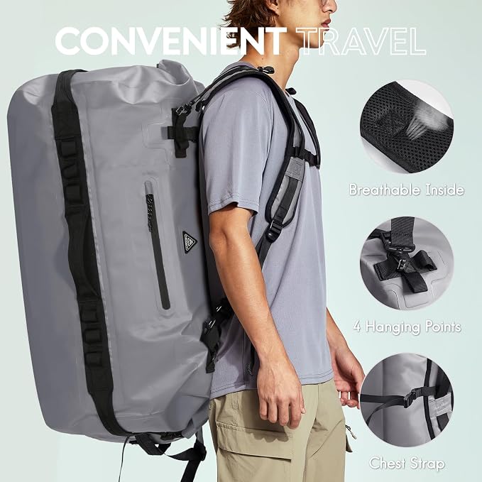 Haimont IPX7 Waterproof Roll-Top Dry Duffel Backpack | 60L/90L Sizes, 500D Tarpaulin, Welded Seams, Mesh Pockets, Boating & Kayaking
