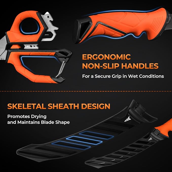 KastKing Paradox Fishing Knife Tool Set – Includes 9" & 7" Fillet Knives, 5" Bait Knife, 9" Versatile Bait Shears, 12" Honing Rod, Non-Slip Handles, Custom Sheaths, and Carrying Case – Fishing Gear