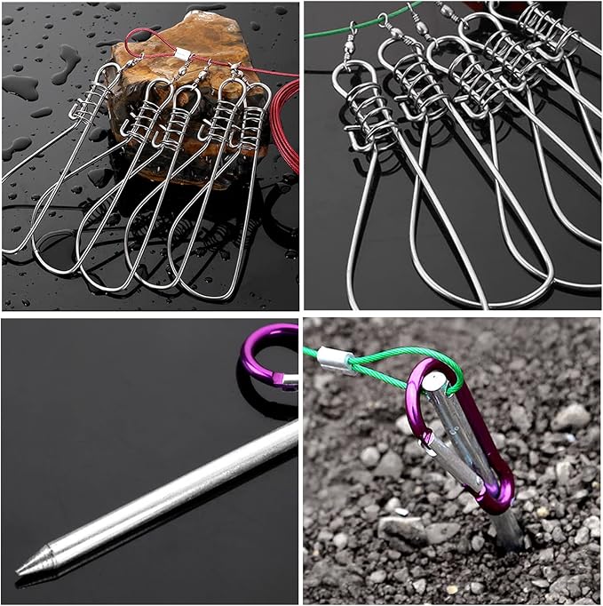 Fishing Stringer Live Fish Lock, Stainless Steel Fish Stringer Clip, Big Fish Wire Rope Cable with Float and Plastic Handle, Fishing Holder Kit with High Strength 10 Snaps/Buckles