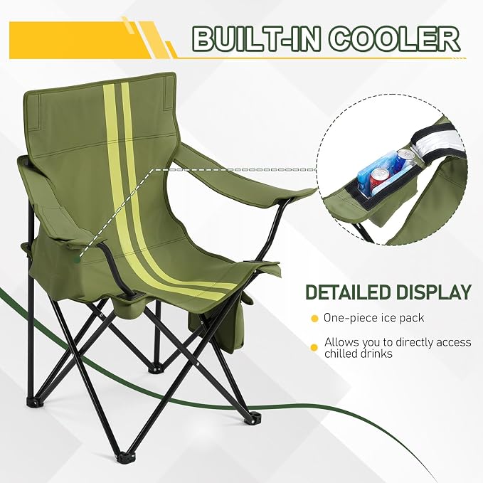 Outvita Heavy Duty Camping Chair with Insulated Cooler, 350LBS Folding Portable Chair with Cup Holder, Side & Back Pockets, Outdoor Foldable Chair for Camping Fishing Tailgating Beach