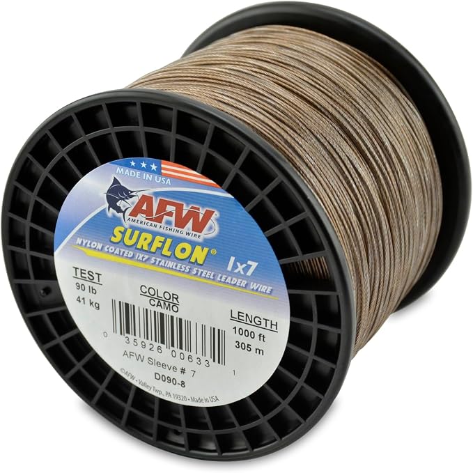 American Fishing Wire Surflon Nylon Coated 1x7 Stainless Steel Wire Leader - Wire Fishing Leader Line for Saltwater 10lb Up To 250lb Test in Bright, Black, Camo in 30ft, 100ft, 300ft, & 1000ft Lengths