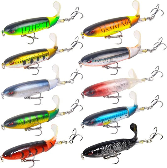 10Pcs Whopper Fishing Lure for Bass Popper Top Water Fishing Lures with Floating Rotating Tail Barb Treble Hooks in Saltwater Freshwater Plopping Lures Kit