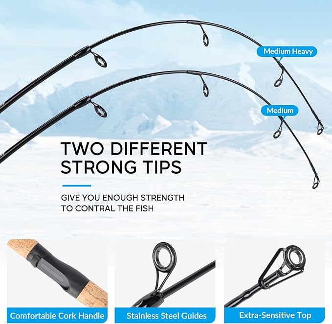 QualyQualy Ice Fishing Rod and Reel Combo 24 inch M/ML Inline Ice Fishing Combos 2 Different Tips for Walleye Perch Panfish and Trout