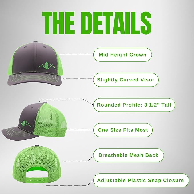 LINDO Trucker Hat [ Great Outdoors Design ] for Men and Women: Mid Profile Cap with Breathable Mesh Back and Adjustable Snap