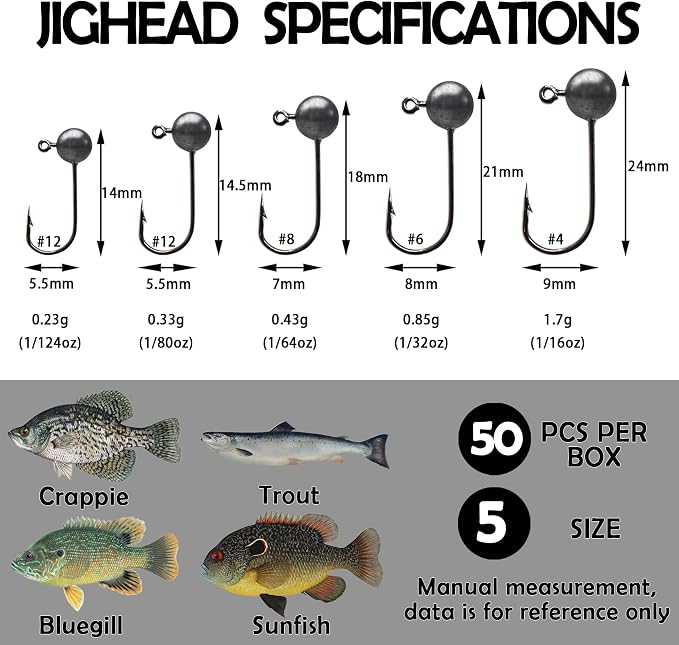 EUPHENG 50pcs Fly Tying Jig Heads Kit - Jig Hooks for Fly Fishing - DIY Lure Making Kit - Black, White, Orange, Pink, Chartreuse - Sizes #12, #8, #6, #4, #2