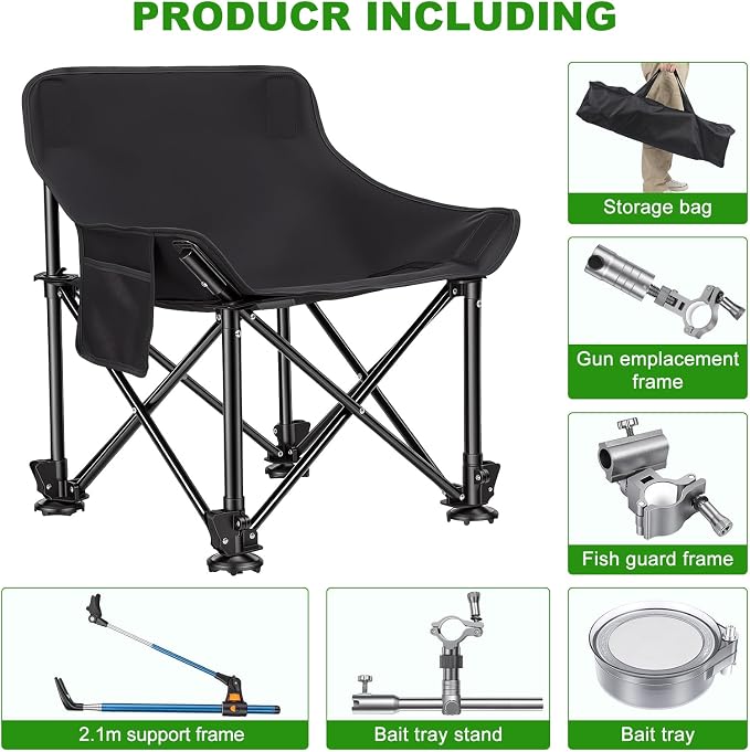 Folding Fishing Chair with Complete Accessories, Portable Camping Chair for Outdoor Fishing, 220LBS Load-Bearing, Non-Slip All-Terrain Design with Storage Bags, Carbon Steel Fishing Chair