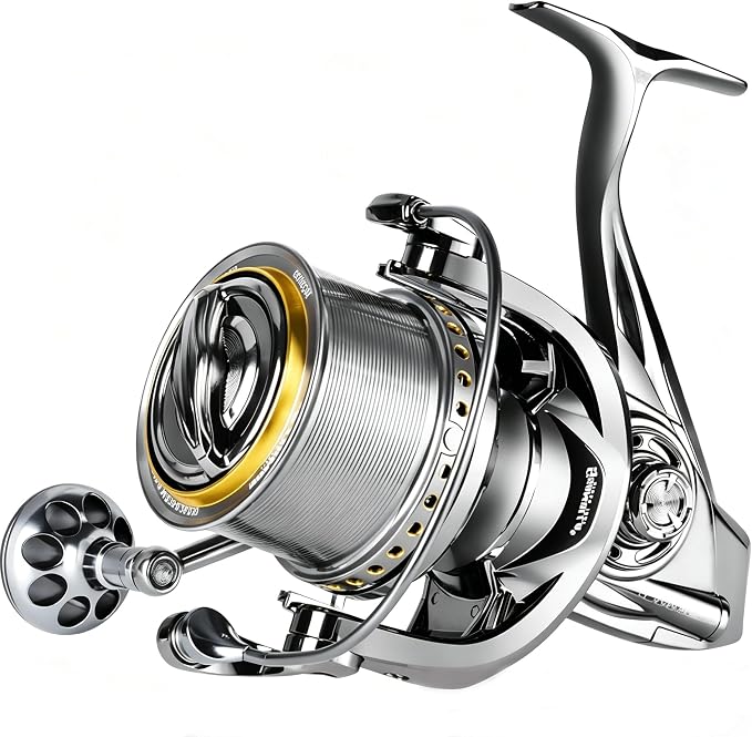 Heavy Duty Spinning Reel Metal Body with CNC Machined Spool 55LB Max Drag 8/10+1 BB Ultra Smooth 4.1/4.6/4.8:1 High Speed Gear Ratio Saltwater Freshwater Fishing Reel for 8000 to 16000 Series