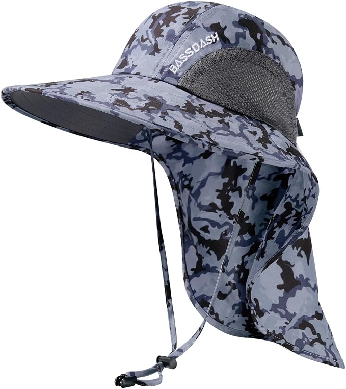 BASSDASH UPF 50+ Unisex Water Resistant Wide Brim Sun Hat with Large Neck Flap Ponytail Fishing Hat for Men Women