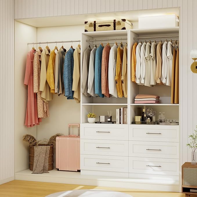 Closet System with Wooden Drawers, 2FT Closet Organize System with 3 Drawers & 2 Hanging Rods &for Walk in Closets, 24" Freestanding Closet System, White(2FT)