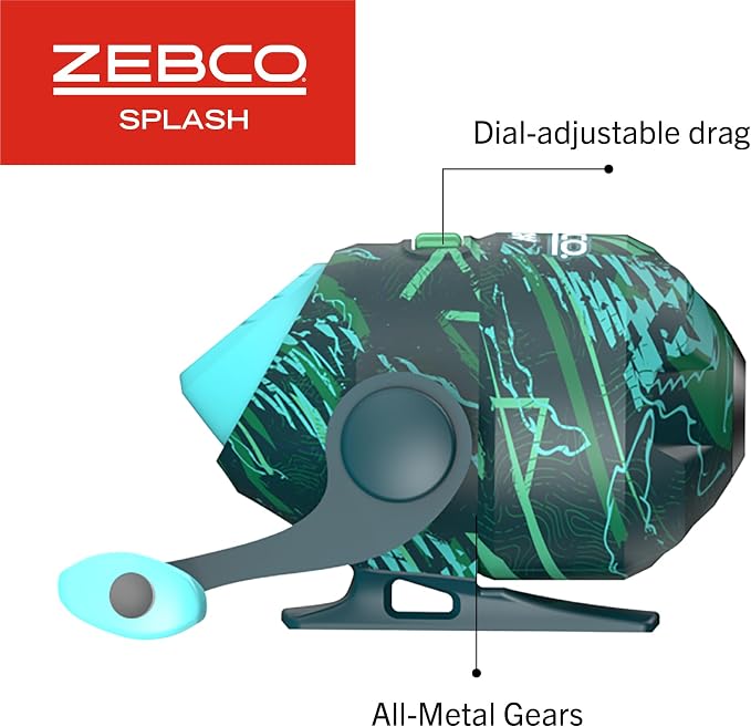 Zebco Splash Spincast Reel and Fishing Rod Combo, Fiberglass Rod, Ball Bearing System, All Metal Gears, 8-Pound Line