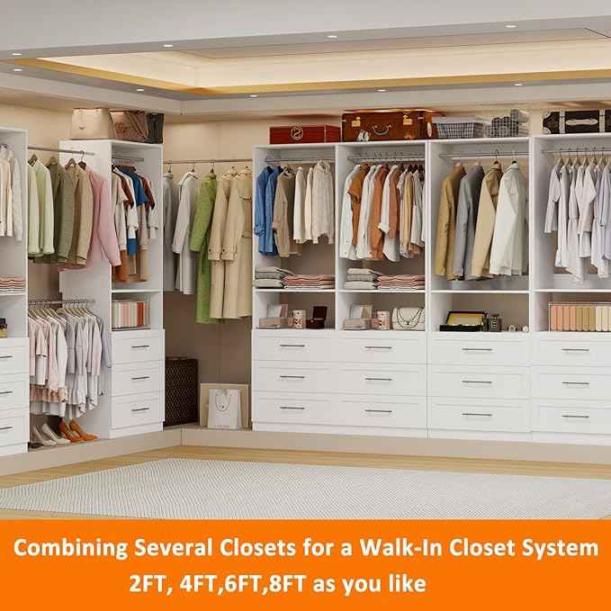 Modular Closet System with 12 Drawers, 8FT Engineered Wood Closet Organizer System for Walk-in Closet, Storage Unit with 8 Extendable Hanging Rods, White (Set of 4)