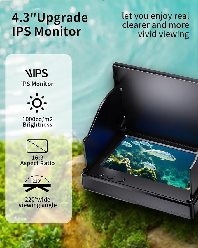 FOURQ Auto Reel Underwater Fishing Camera, 4.3" HD Monitor Fish Finder with 100ft Cable, 4 IR Night Vision Lights & 5000mAh Battery, Portable Video Camera for Ice, Kayak, Boat & Saltwater Fishing