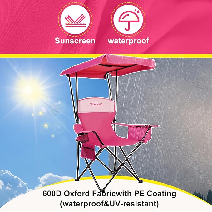 YoungWood Camping Chair with Canopy, Beach Chair with Shade,Portable,Lightweight Oversized for All, Easy to Open and Close Without Installation, Side Pocket,cooling bag Design for All Activities,Pink