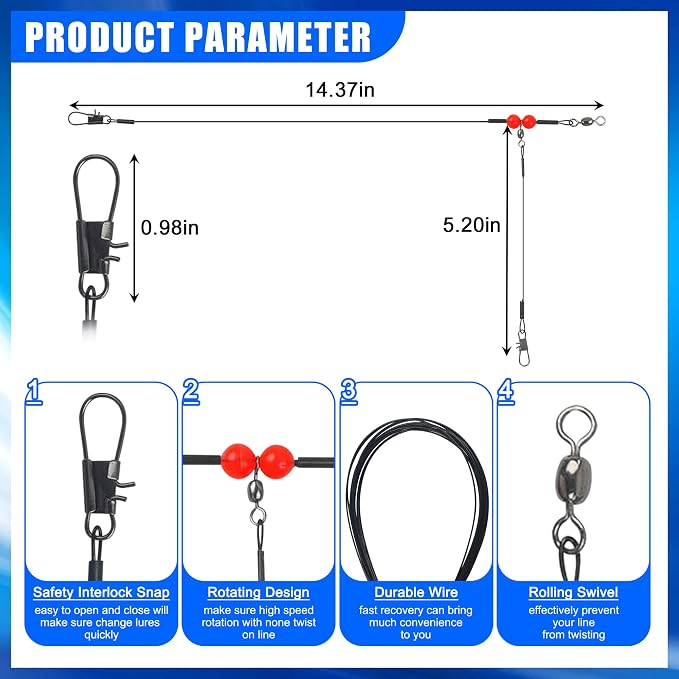 Fishing Leaders Saltwater Tackle Rig Surf Fishing Rigs with Swivel Snaps High Strength Wire Leader Bottom Rigs Fishing Gear Equipment for Lures Bait Hooks