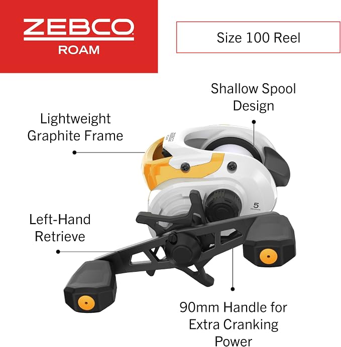 Zebco Roam Baitcast Reel and Fishing Rod Combo, 6-Foot 6-Inch 2-Piece Fiberglass Fishing Pole with Split-Grip MaxTac Rod Handle, Lightweight Graphite Frame, Right-Hand Retrieve