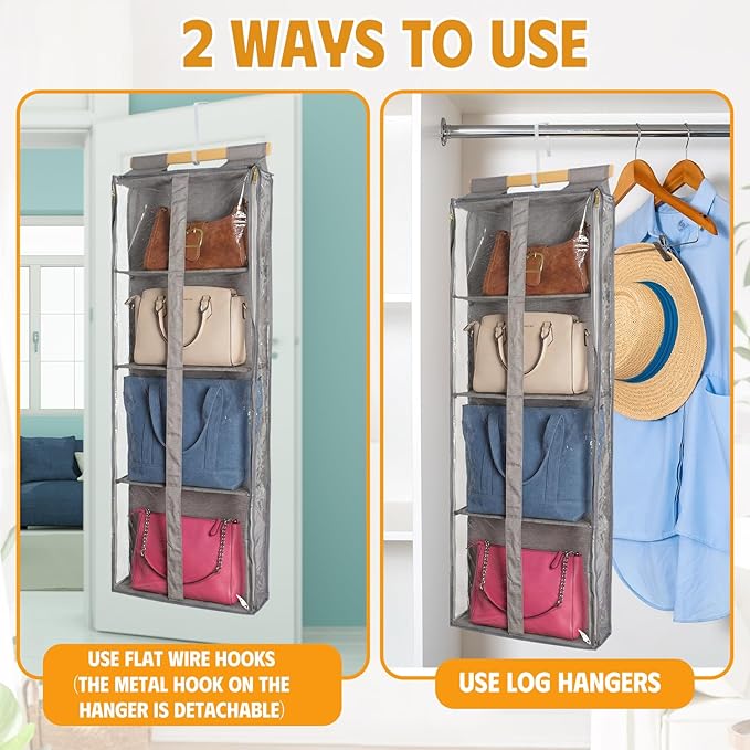 Silkfly 2 Pack Hanging Purse Organizer for Closet Clear Handbag Storage Hanger with Zipper Holder over The Door Wardrobe Tote Bag Storage Holder for Bedrooms Living Room (Brown)