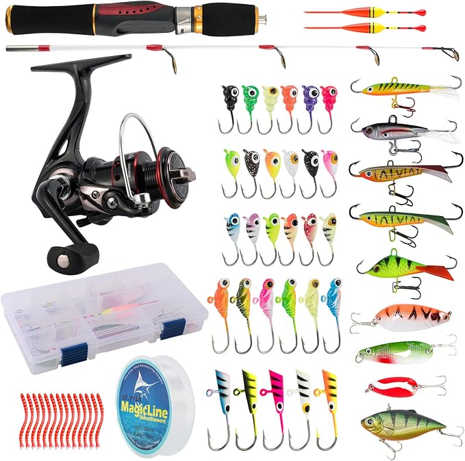 Dr.Fish Ice Fishing Rod and Reel Combo, Ice Fishing Pole Gear Spinning Reel Equipment Set Backpack Chair Jigs Lures Accessories