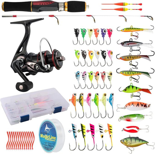 Dr.Fish Ice Fishing Rod and Reel Combo, Ice Fishing Pole Gear Spinning Reel Equipment Set Backpack Chair Jigs Lures Accessories