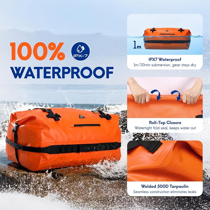 Haimont IPX7 Waterproof Roll-Top Dry Duffel Backpack | 60L/90L Sizes, 500D Tarpaulin, Welded Seams, Mesh Pockets, Boating & Kayaking