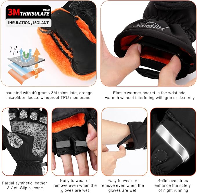 Palmyth Ice Fishing Gloves Convertible Mittens Flip Fingerless Mitt with Thinsulate 3M Warm for Cold Weather and Winter Men Women Photography Running Camera