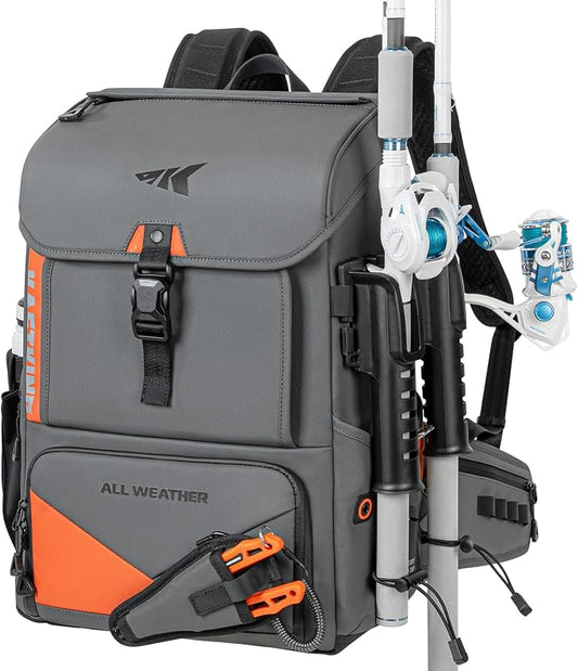 KastKing All Weather Fishing Tackle Backpack with Removable Rod Holders,Waterproof ArmorShield Fabric Fishing Bag Storage Fishing Gear