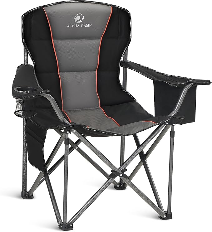 ALPHA CAMP Oversized Camping Chair 500 LBS Capacity Fully Padded Heavy Duty Lawn Chair for Heavy People, Fully Padded Portable Outdoor Chair with Cooler Bag for Camping, Fishing, Beach,1PC