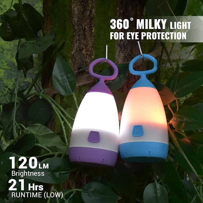 2-Pack Kids Camping Lantern & Night Light, Battery Operated, 360° Eye-Safe Light, IPX4 Waterproof RGB Portable, Sibling Gifts (Purple & Blue, 6× AAA Included)