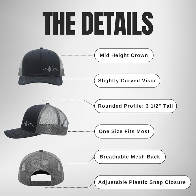 LINDO Trucker Hat [ Great Outdoors Design ] for Men and Women: Mid Profile Cap with Breathable Mesh Back and Adjustable Snap