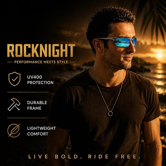 ROCKNIGHT Polarized Rectangular Sunglasses for Men Driving UV400 Protection Lightweight Al‑Mg Frame