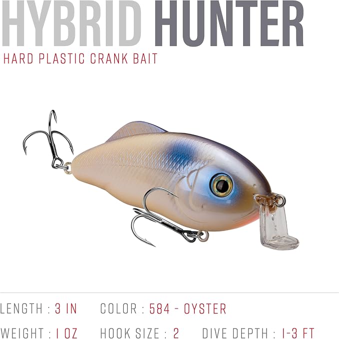 Strike King Hybrid Hunter Shallow Jr. Fishing Lure, Shallow Diving Crankbait, 90-Degree Bill, 3D Eyes, Loud Rattle, Dives 1 to 3-Feet,Size 4 & 6 Treble Hooks