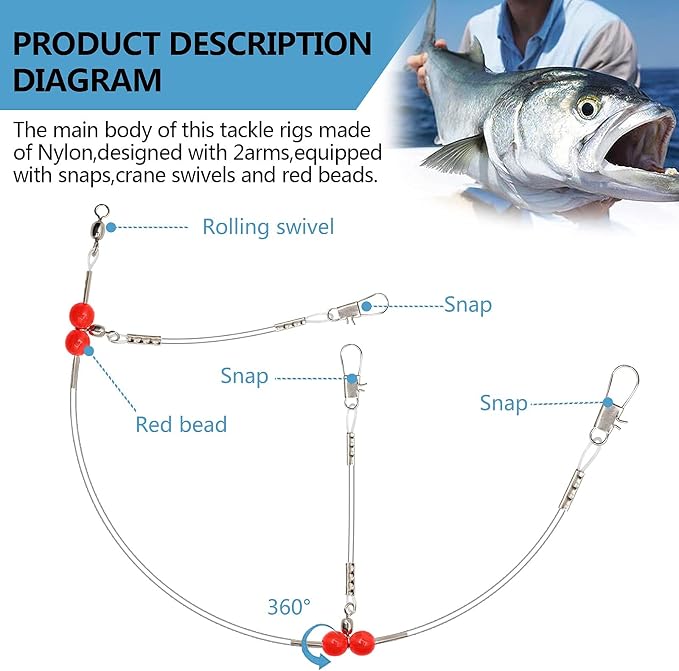 YOTO Fishing Leaders,Saltwater Tackle Rig with Swivels Snap, High-Strength Fishing Wire Gear Equipment for Lures Bait Or Hooks,1Arm and 2Arm