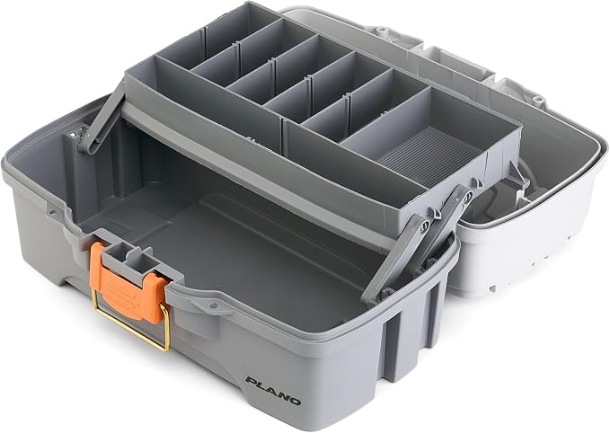 Plano One-Tray Tackle Box, Light Grey/Dark Grey, Rust-Proof Brass Latch, Top-Access Tray with Deep Storage, Made in the USA, Portable Fishing Gear Storage Organizer