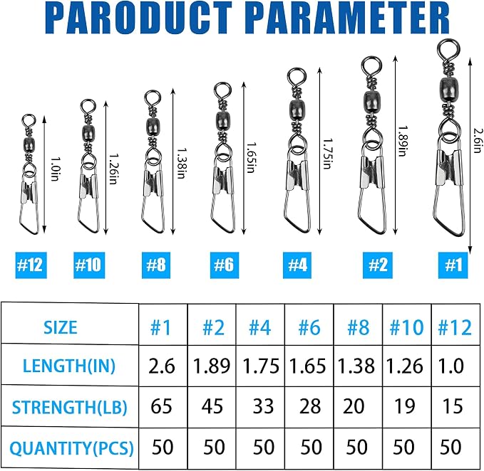 Barrel Swivel Snaps,50/100pcs Fishing Swivel Safety Snaps Stainless Steel Copper Swivel Fishing Multiple Size Black/Gold Fishing Swivel Snaps for Saltwater Freshwater