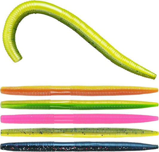 50Pcs Finesse Worms Soft Lures Worm Stick Bait Color Mixed Fishing Lure 5.5in/0.28oz
