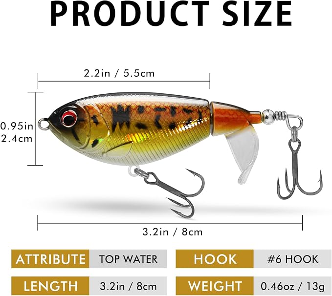 TRUSCEND Popobait Easy Catch Fishing Lures with BKK Hooks, Instant Startup, Longer Cast, Balanced Spray/Sound/Swim, Plopper Topwater Lures for Bass, Trout, Pike, Walleye, Freshwater Saltwater Fishing