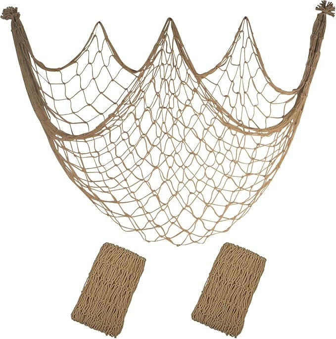 10x5 Feet X-Large Fishing Net Decor for Party - 2 Pack Brown Fish Net Decorations Under The Sea Hawaiian Pirate Beach Party Decorations, 3mm Cotton Fishnet Ocean Nautical Themed Wall Table Decor