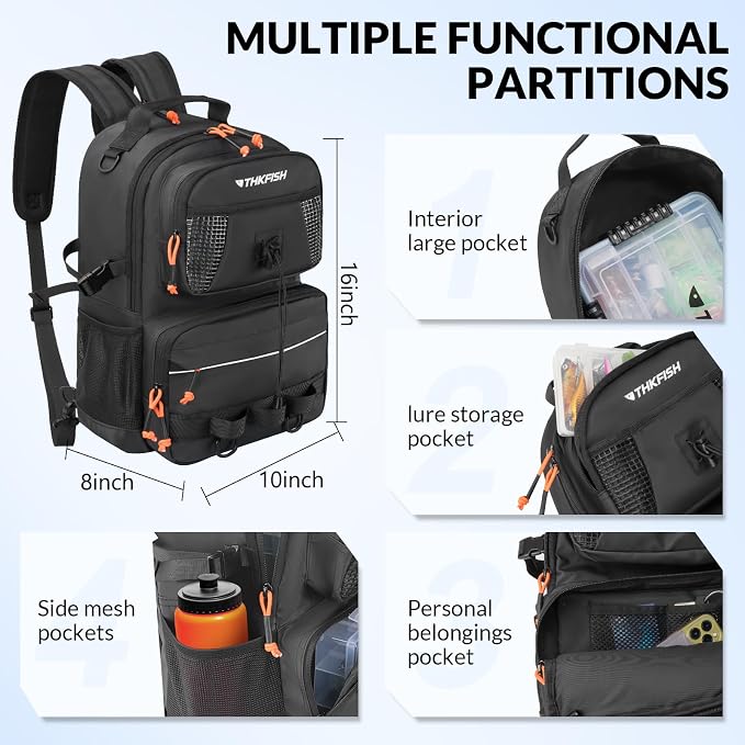 THKFISH Fishing Backpack with Tackle Boxes, 20L Waterproof Tackle Sling Bag with Lures Kit, Fish Lip Gripper, Pliers, Scissors, Fishing Gifts for Men Women